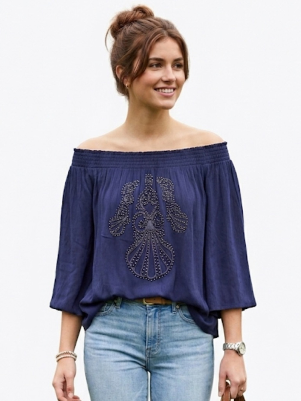 Lilly Pulitzer Nita off the shoulder embellished blue shirt women’s size XXS